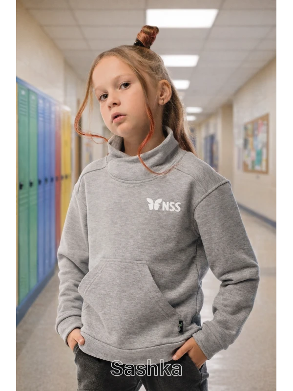 Худі для дівчинки з коміром сіре з логотипом школи NSS, розмір 116-164